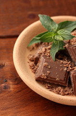 Pieces of chocolate and mint