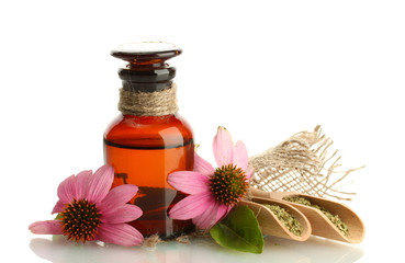 medicine bottle with purple echinacea , isolated on white