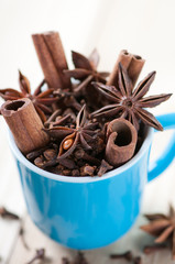 Espresso cup with cloves, cinnamon sticks and anise, studio shot