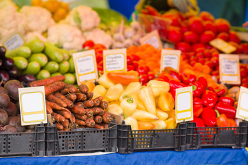 Bunch of fruits and vegetables in city market