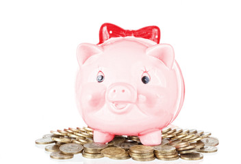 Pink the pig-coin box to stand on a heap of coins