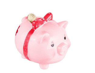 Pink a pig-coin box with a coin 