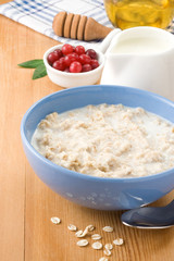 oatmeal with milk and honey on wood