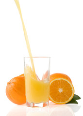 flowing juice and orange isolated on white