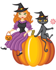 Witch and a cat sitting on a pumpkin