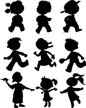 Kids black silhouettes. Boy and girls walking, running