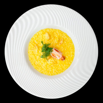 Risotto with shrimp shot from above, isolated