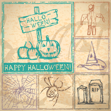Collection of hand drawn Halloween symbols on grunge background
