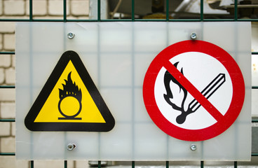 Fire warning signs compressed oxygen gas cylinders