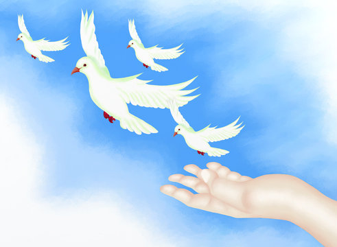 Open Hand Releasing Freedom Bird in Clear Blue Sky.