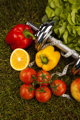Vegetable and fitness in green grass