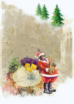 unconventional character of  Santa Claus playing the saxophone