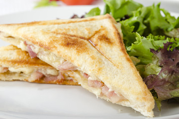 Bacon & Cheese Toastie served with salad. Close up.