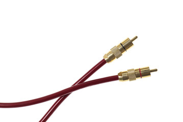 Dark red audio cables isolated on white background