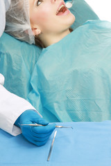 Naklejka premium At the dentist's, focus on medical tools lying on the table