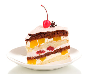 Layered fruit cake isolated on white