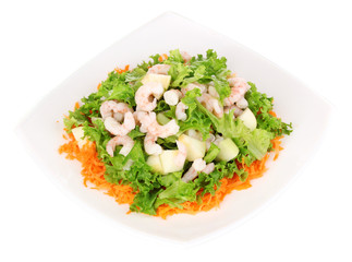 Delicious marinated shrimp in plate isolated on white