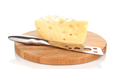 tasty cheese and knife on wooden board isolated on white