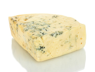 Cheese with mold isolated on white background close-up