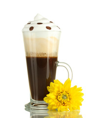 glass of fresh coffee cocktail with flower isolated on white