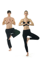 Couple (male / female) doing yoga exercises together balances