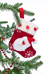 Christmas sock with Santa Claus on on fir branch.