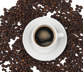 Coffee beans and cup of coffee background isolated