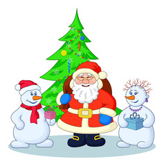 Santa Claus, Christmas tree and snowmans