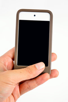 Hand hold mobile smart phone with blank screen and rubber case