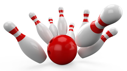 3D Bowling Ball crashing into the pins on white background