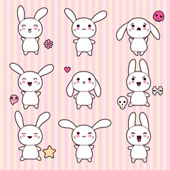 Collection of funny and cute happy kawaii rabbits.