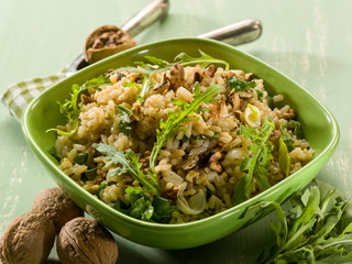 risotto with arugula and nuts, vegetarian food