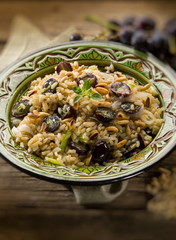 risotto with mushroom grape and pine cone, selective focus