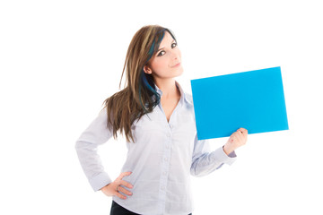 Portrait of an attractive smiling woman with blank board