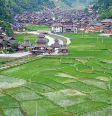 Dong Chinese Village on the rice terrace at sunset