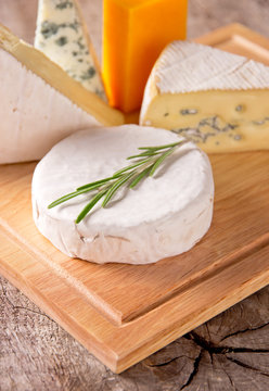 Various types of cheese on wooden background