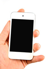 and holding white mobile smart phone with blank screen