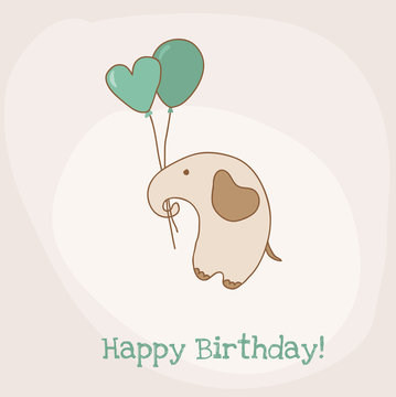 Greeting Birthday Card with Cute Elephant - in vector