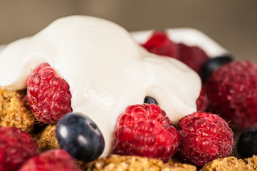 Cereal breakfast with raspberries, blueberries and yogurt