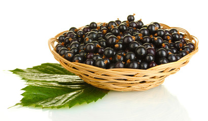 Fresh black currant in wicker basket isolated on white