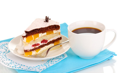 Layered fruit cake isolated on white