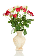 Beautiful roses in vase isolated on white