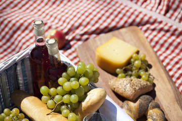 Fresh food from picninc basket on grass in the garden