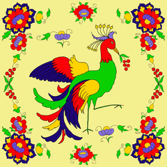 Vector pattern with colorful flowers and Fire-bird