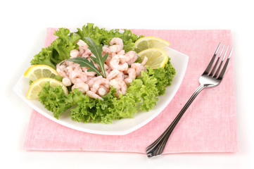 Delicious marinated shrimp in plate isolated on white