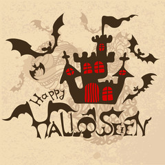 Halloween background with bats and haunted house