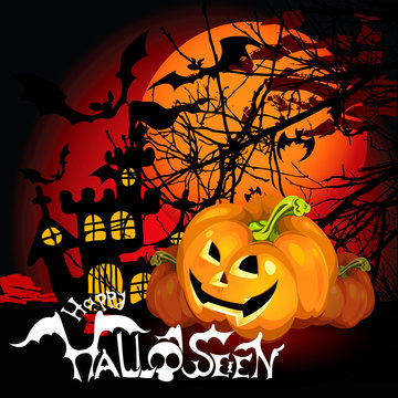 Halloween Background with haunted house, bats and pumpkin