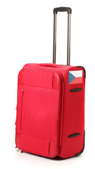 red suitcase with sticker with flag of Czech Republic isolated