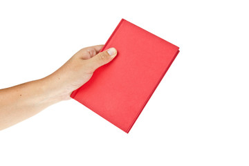 Obraz premium Red book with hand isolated on white background