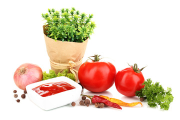 Still life tomatoes ketchup and herbs isolated on white
